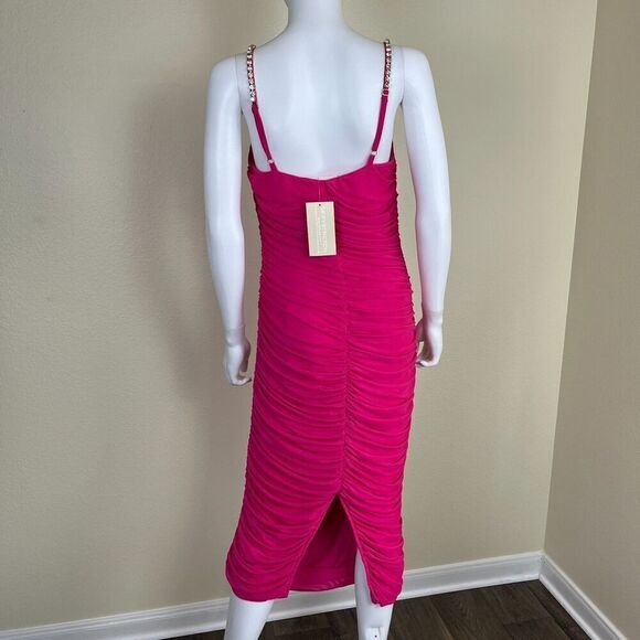 Cache Womens Size S Pink Ruched Bodycon Jeweled Midi NEW Dress Sexy Barbie Party - Picture 14 of 15